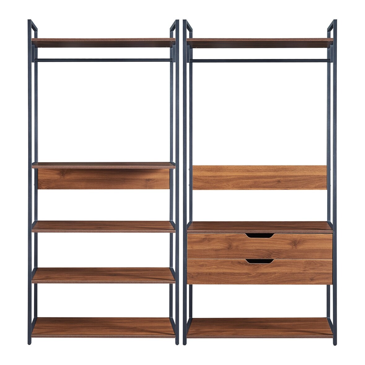 Helloshop26 - Conjunto de 2 cabideiros com 2 gavetas e 7 prateleiras efeito nogueira preta 03_0009372