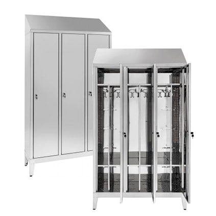 Armadio spogliatoio in acciaio inox AISI 430 a 3 posti con tramezza interna sporco/pulito cm. 120x40x215h