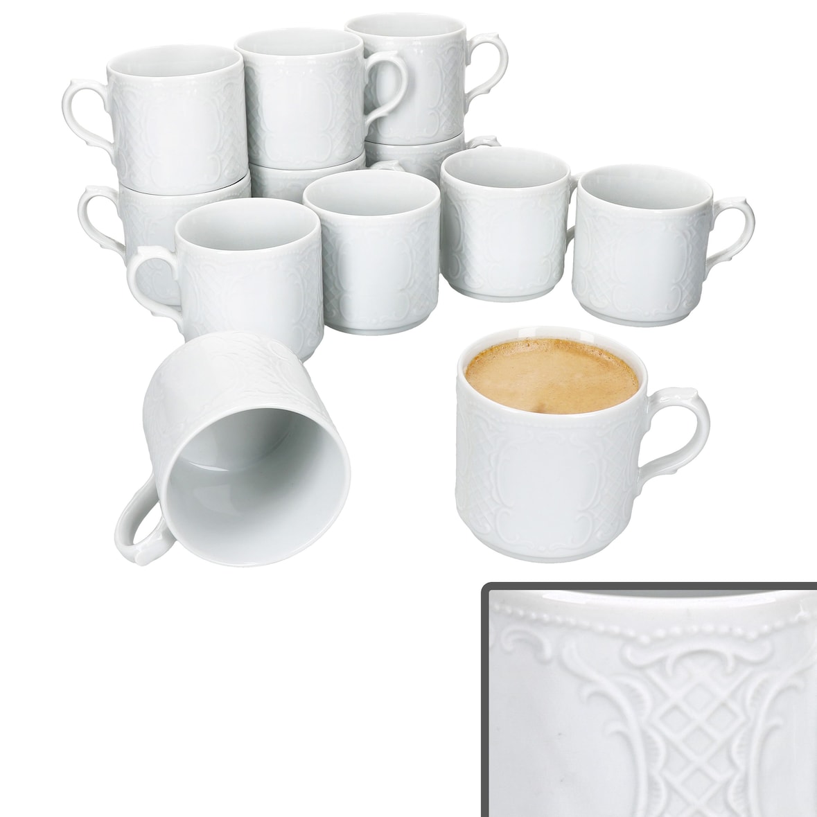 12x Salzburg Kaffeebecher 230ml weiß Porzellan-Tassen 12 Personen stapelbar