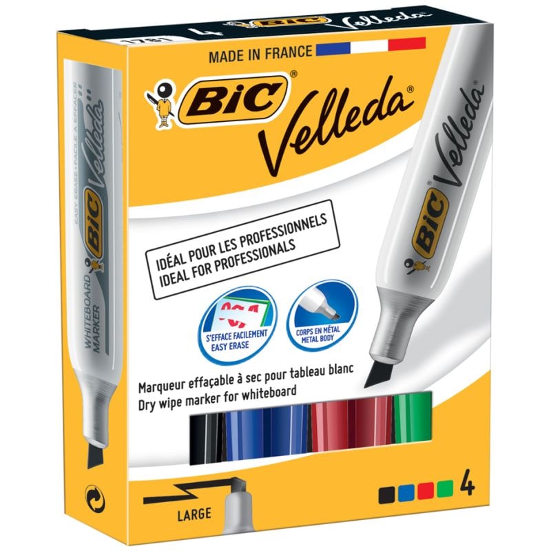 BIC Velleda Feutres 1781 pour Tableau Blanc Effaçables à Sec Pointe Biseau Large - Couleurs Assorties x4