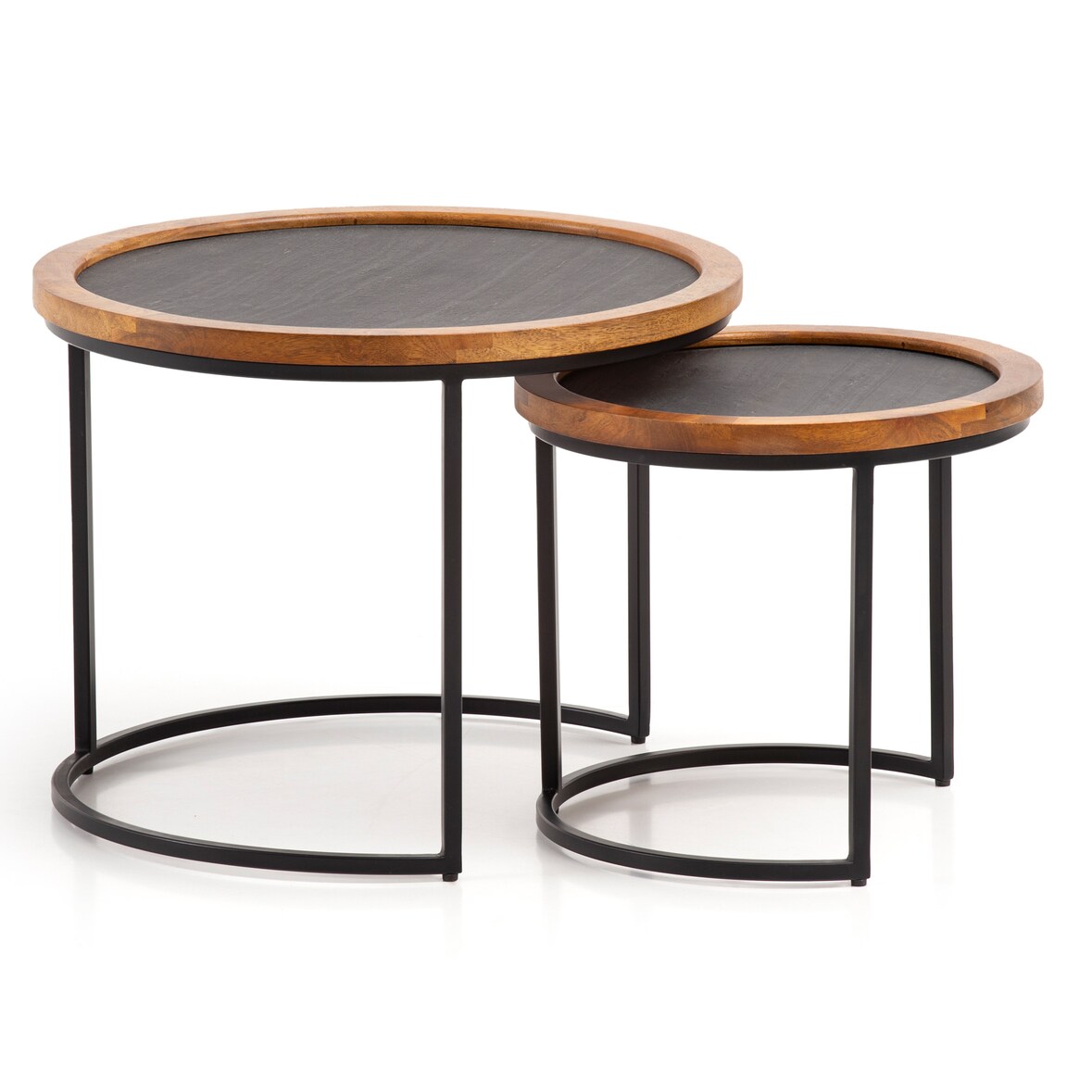 Couchtisch FineBuy Wohnzimmertisch 2er Set Rund Holz / Steinoptik Satztisch