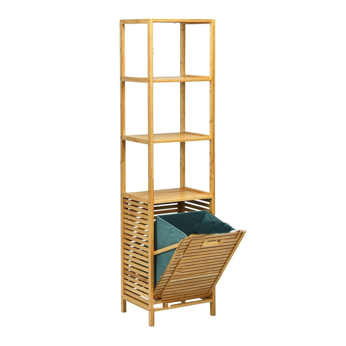 COSTWAY 2 in 1 Mensola da bagno e cesto portabiancheria, mobile alto per bagno in bambù con 3 ripiani