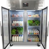 thumbnail of Romux® Kühlschrank mit 2 Türen Glastüren 148 cm mit Umluftkühlung | Gastro Kühlschrank aus Edelstahl mit 1300 L Kapazität - 6 Einlegeböden und 580 W