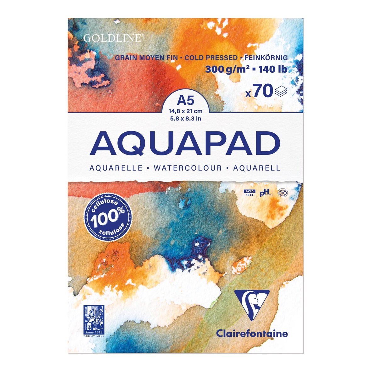 Clairefontaine 3x Aquarellblock Goldline Aquapad A5 geleimt, 70 Blatt weiß 300g, mittlere Körnung - 975720C