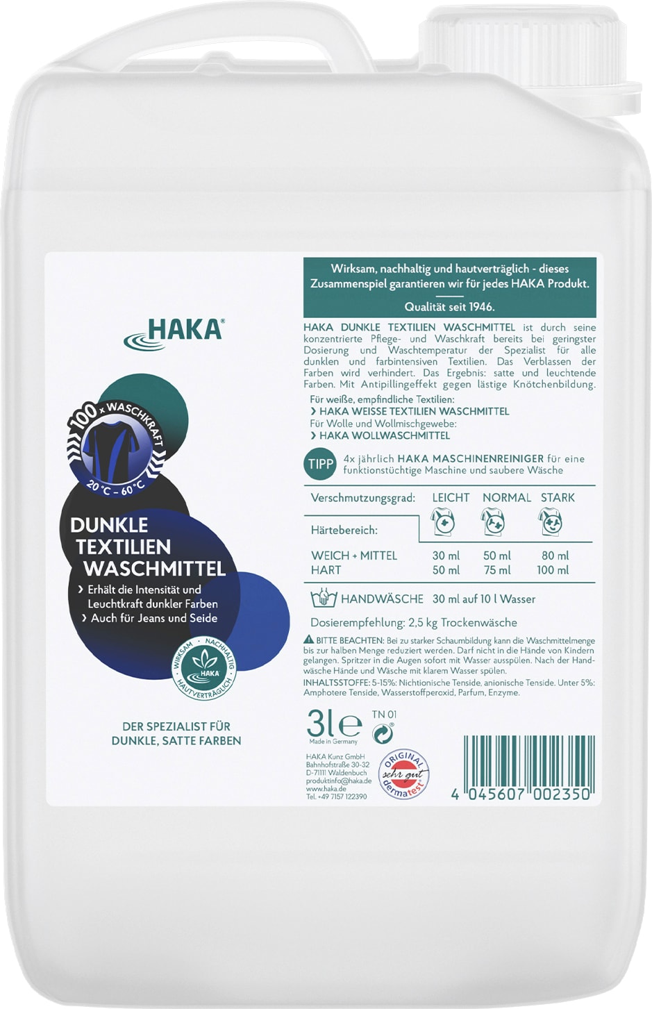 HAKA Dunkle Textilien Waschmittel 3l Flüssigwaschmittel für Jeans, dunkle Wäsche