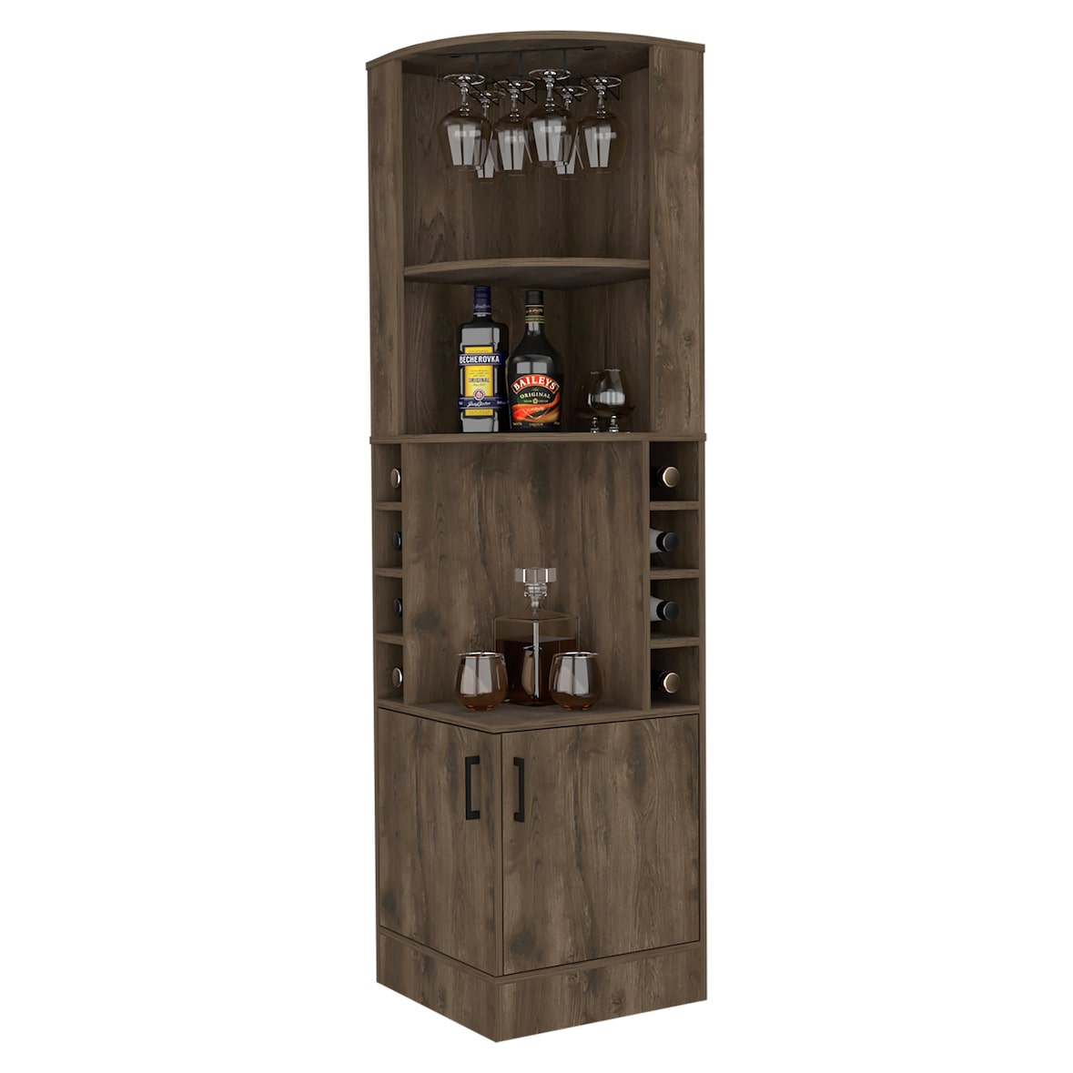 Mueble Bar Syrah en melamina con 4 estantes , 2 puertas 4 portacopas y 4 portacopas , marron , 180.6 cm  X 46.9 cm  X 46.9 cm