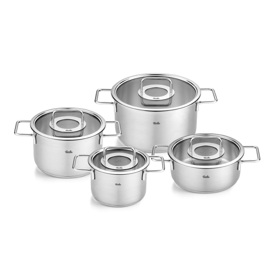 Fissler - Pure Collection - Set 4-teilig (Topf mit Glasdeckel 16 + 20 + 24 cm, Stielkasserolle mit Glasdeckel 20 cm)