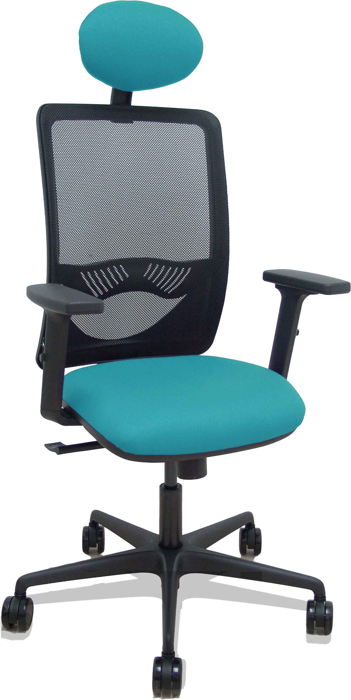 Silla Zulema sincro malla negra asiento bali turquesa brazos 2D ruedas 65mm cabecero