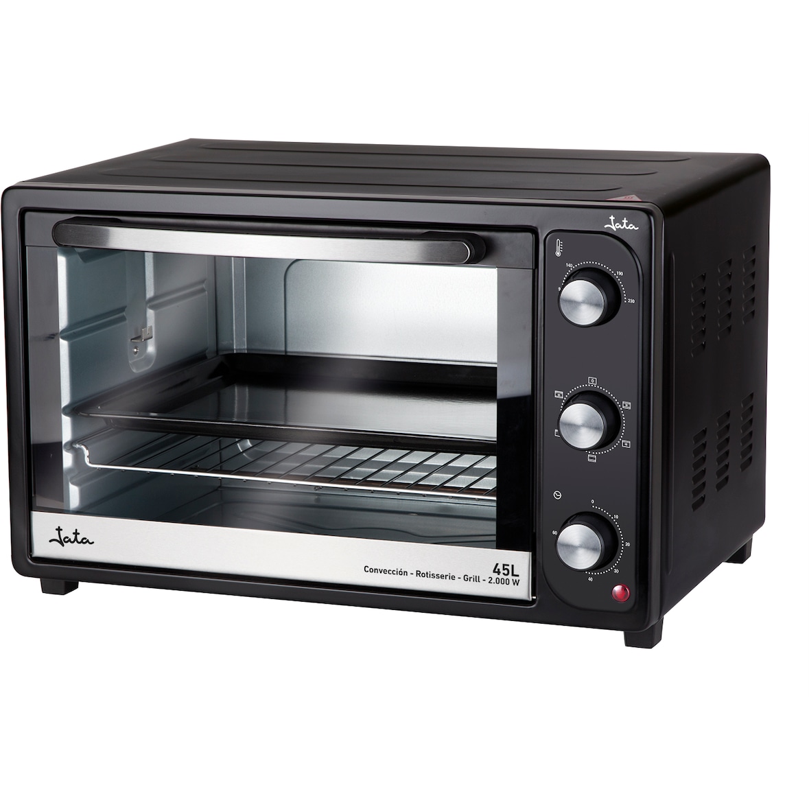 Horno de sobremesa Jata HN945 con 4 funciones: rotisserie, horno, grill y convección. 45 litros. Luz interior. Bandeja y parrilla. Fácil limpieza