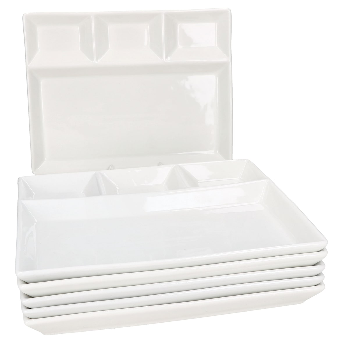 6x Fondueteller Porzellan weiß 23x18 cm mit 4 Fächern Raclette Fondue Dip 6Pers