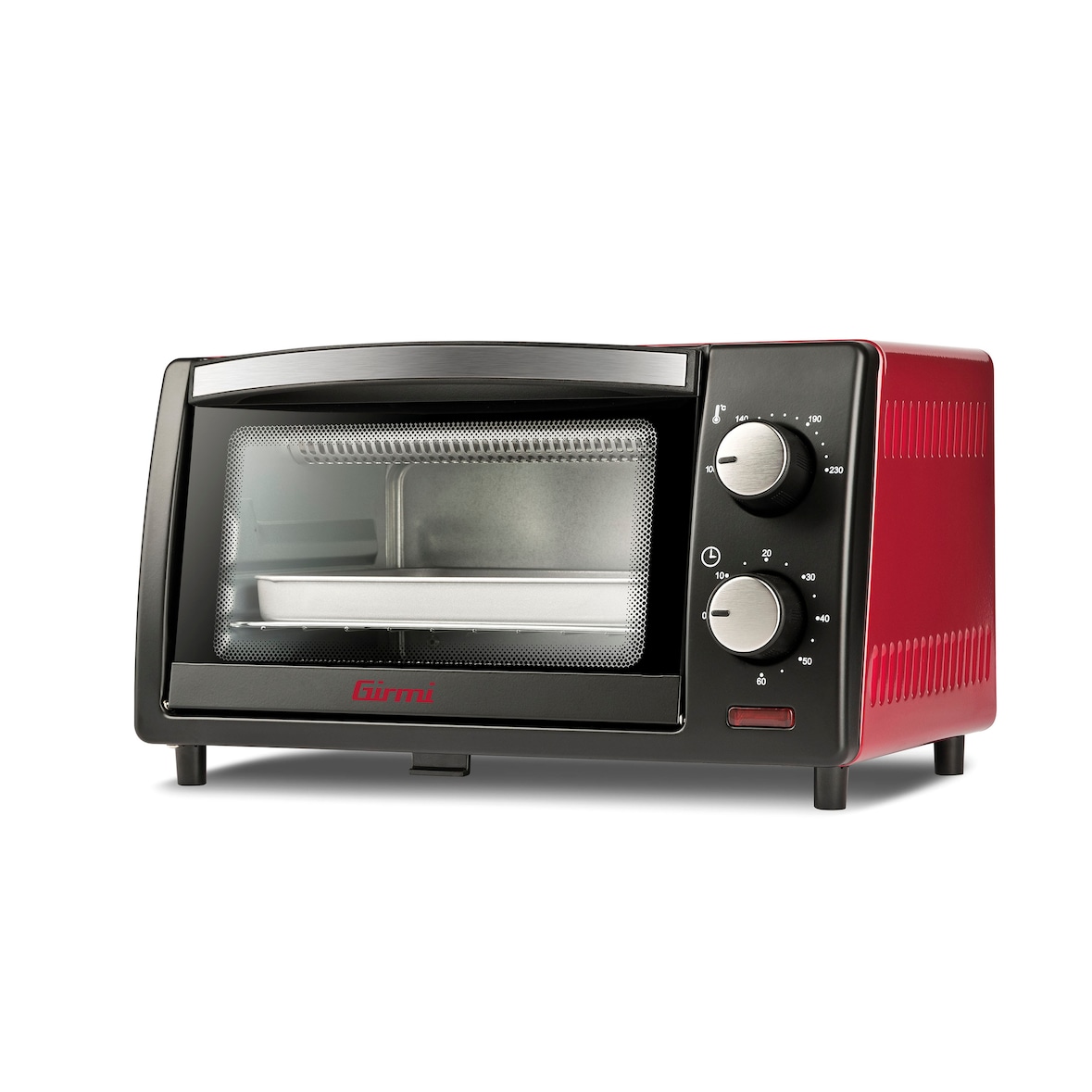 Girmi Forno elettrico, 800 W, 10 Litri, Griglia INOX, Termostato Regolabile, Timer 60 min, Accesori inclusi, 37x21.5x25.5 Nero/Rosso FE10