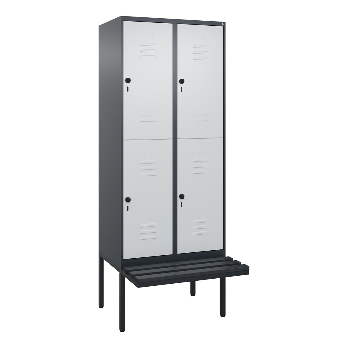C+P Spind Classic PLUS, Kunststoff schwebende Sitzbank, 4 Abteile, HxBxT 212x80x82cm, Sicherheitsdrehriegel, Anthrazit/Hellgrau von PROREGAL