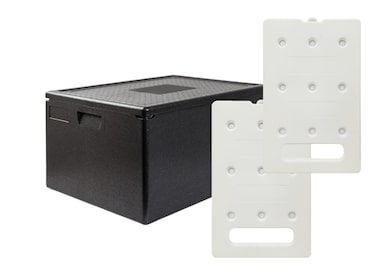 KIT FRÍO - 1 contenedor isotérmico PPE 80L - Apertura superior - Tamaño adecuado para cajas de 60 x 40 cm + 2 placas eutécticas frías GN1/1 4kg