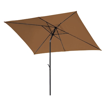 KOMFOTTEU Garden Parasol 3 x 2.5 m with LED and Crank, Balcony Screen, Foldable and Tiltable, Indoor Parasol Made of Polyester Fabric, Iron Holder for Patio, Pool, Patio, Brown