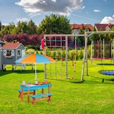 thumbnail of Relaxdays Kindersitzgruppe Garten, Holz, Spieltisch Set aus Tisch, 2x Sitzbank & Sonnenschirm, Outdoor Kindermöbel, bunt