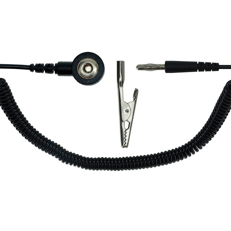 ESD-Spiralkabel, 1 MOhm, schwarz, 1,8 m, 3 mm Druckknopf, Bananenstecker, Krokodilklemme