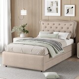 thumbnail of Polsterbett 90x200 mit Stauraum, Einzelbett mit zwei Schubladen, verstellbarer Nachttisch, gepolstertes Bettgestell Dunkelbeige