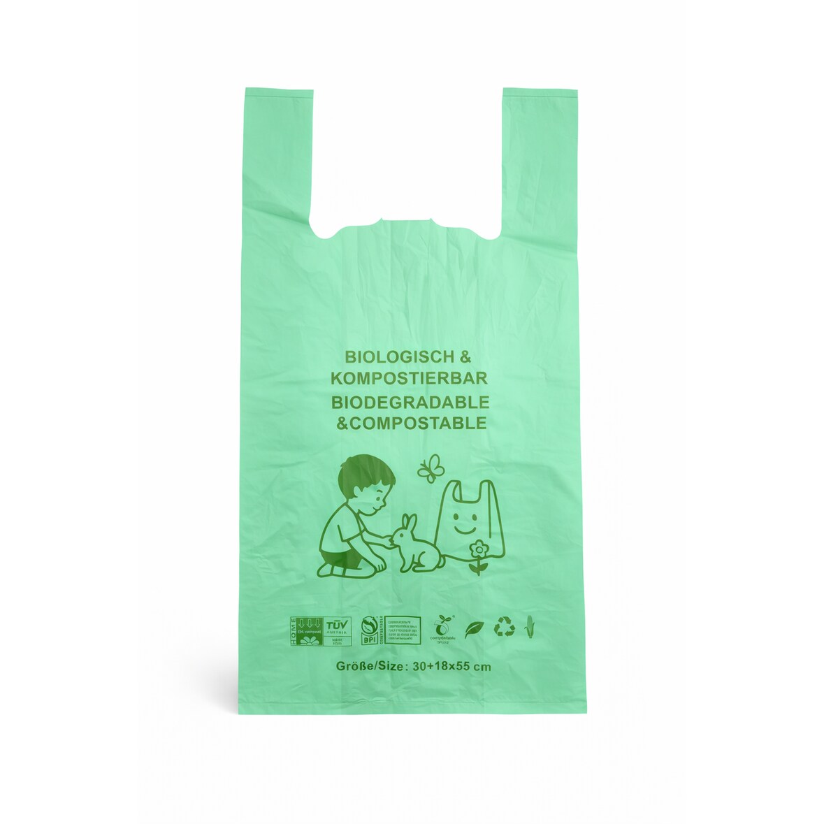 RyanPack Bio Hemdchentragetaschen kompostierbar aus Maisstärke 40+20x60 cm 35 µm grün – 500 Stück