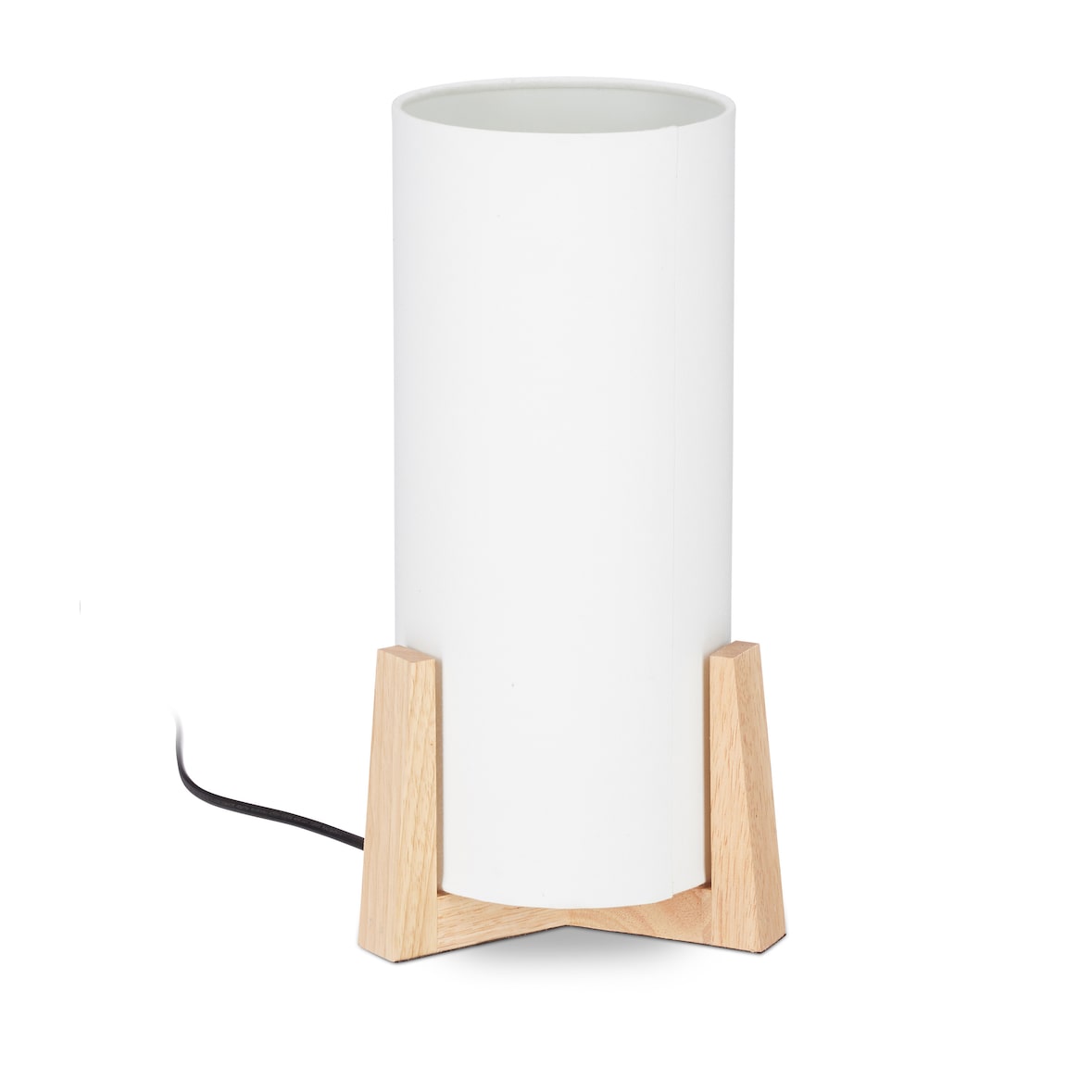 Relaxdays Tischlampe Holzfuß, runder Lampenschirm, modernes Design, E14, Nachttischlampe, HxD: 33 x 15 cm, weiß/natur