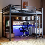 thumbnail of Hochbett 140x200 aus Metall mit LED-Beleuchtung, Schreibtisch und Stauraum, modernes Etagenbett mit Regalen und Schubladen Schwarz