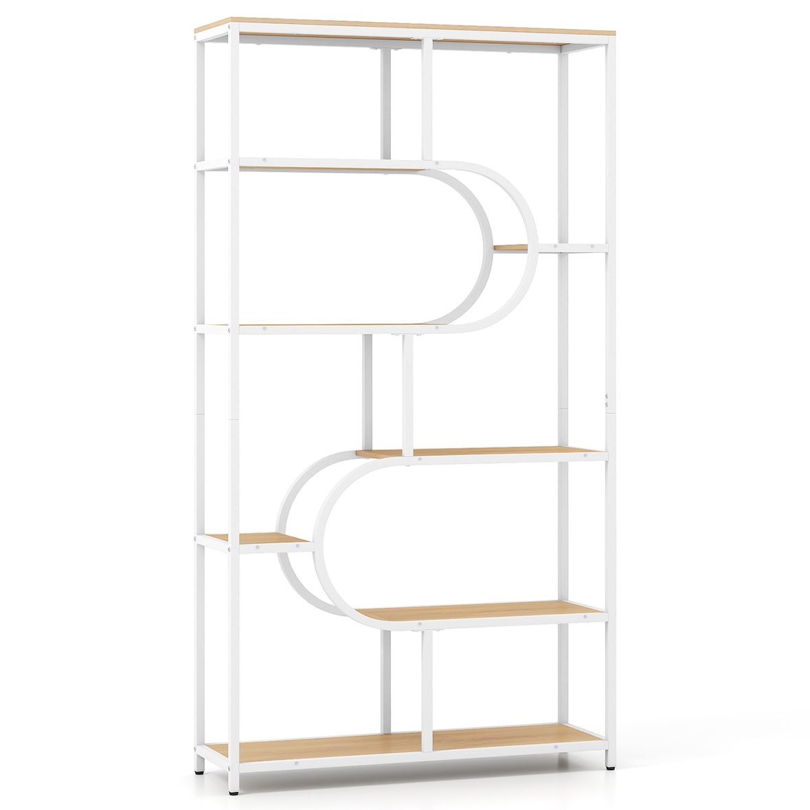 COSTWAY Libreria a 5 ripiani, scaffale aperto indipendente, espositore con struttura in metallo (beige e bianco, a forma di U)
