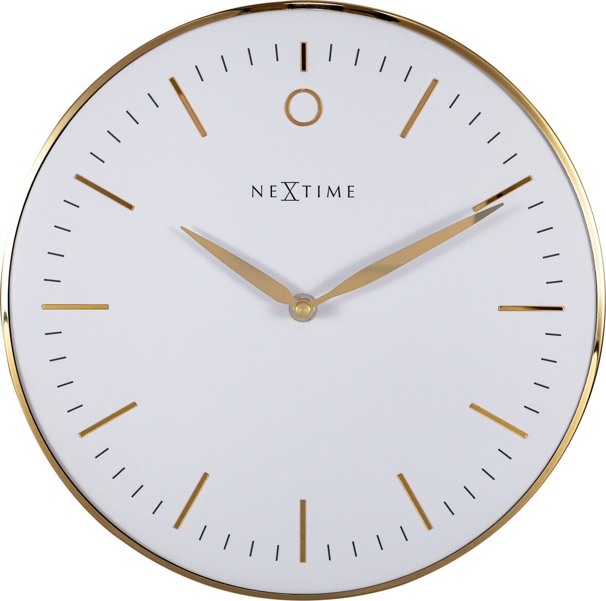 Eine weiße Wanduhr mit goldenen Zeigern.