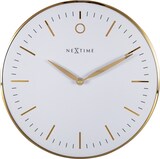 Eine weiße Wanduhr mit goldenen Zeigern.