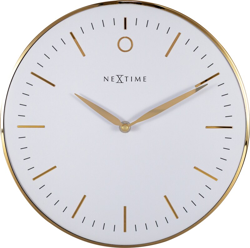 Eine weiße Wanduhr mit goldenen Zeigern.