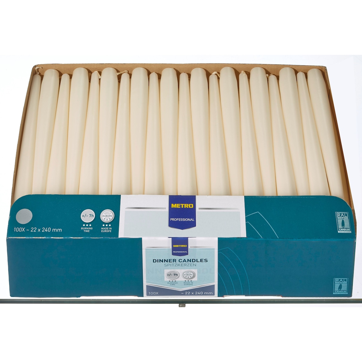 METRO PROFESSIONAL Bougies de table, paraffine, 2.2 x 24 cm, durée de combustion 7 heures, beige clair, 100 unités