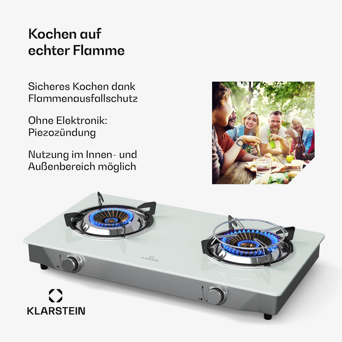 Barzona Campingkocher | 2 Brenner | 3,4 kW & 4,3 kW | Glasplatte | Edelstahl | mobil einsetzbar Weiß