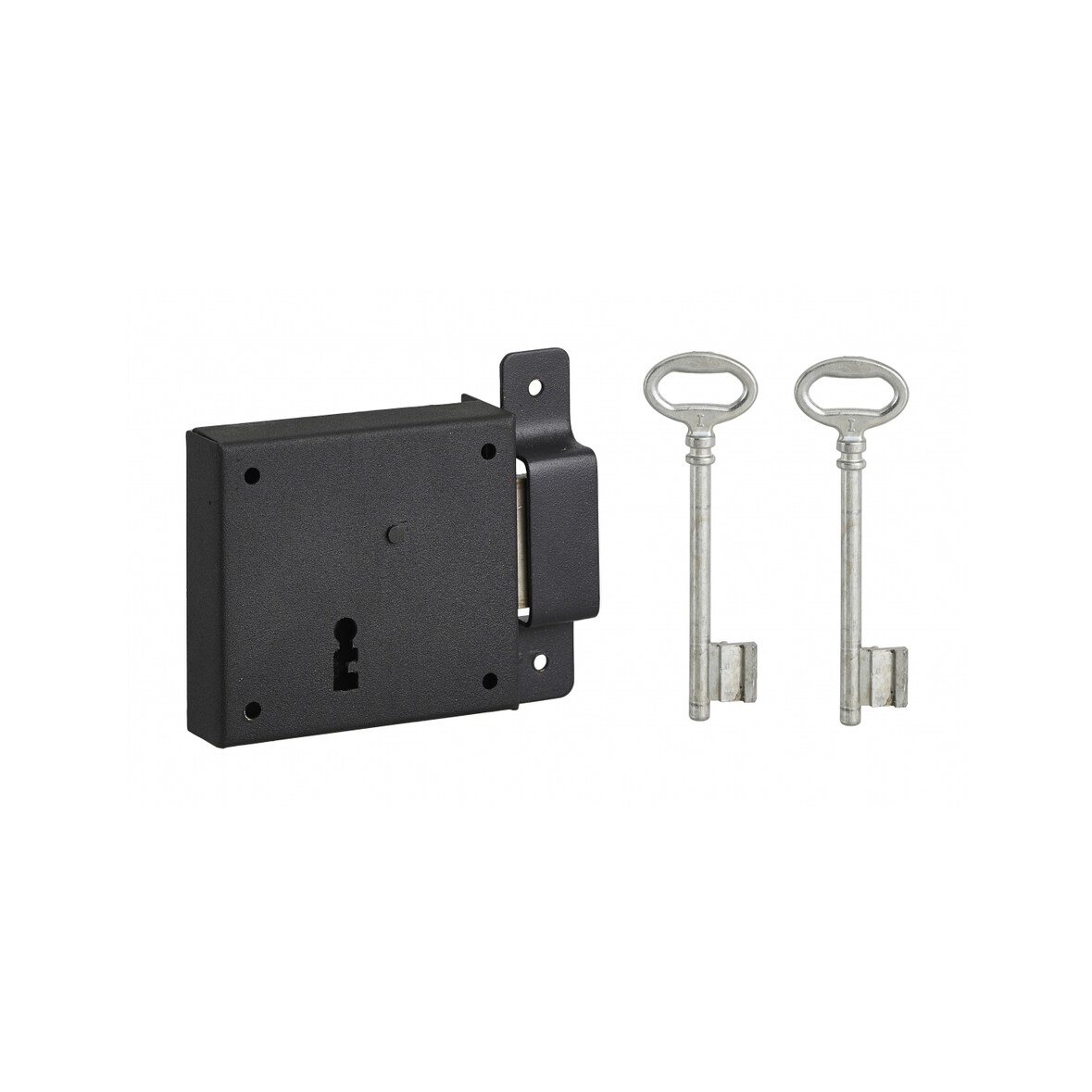 Serrure horizontale en applique à clé pour porte de cave, pêne seul, droite, axe 50mm, 85x76mm, noir, 2 clés - THIRARD