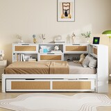 thumbnail of Multifunktionales Schlafsofa 140x200 weiß Massivholz mit Ausziehbett & Stauraum - Inklusive Ladesteckdosen, platzsparendes Gästebett mit Rattan-Design