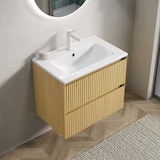 thumbnail of Badezimmer-Waschtisch 50x61x39 Keramikbecken 2 Soft-Close Schubladen Massivholz Schrank Wasserfest Badmöbel Beige+Golden Oak+Weiß