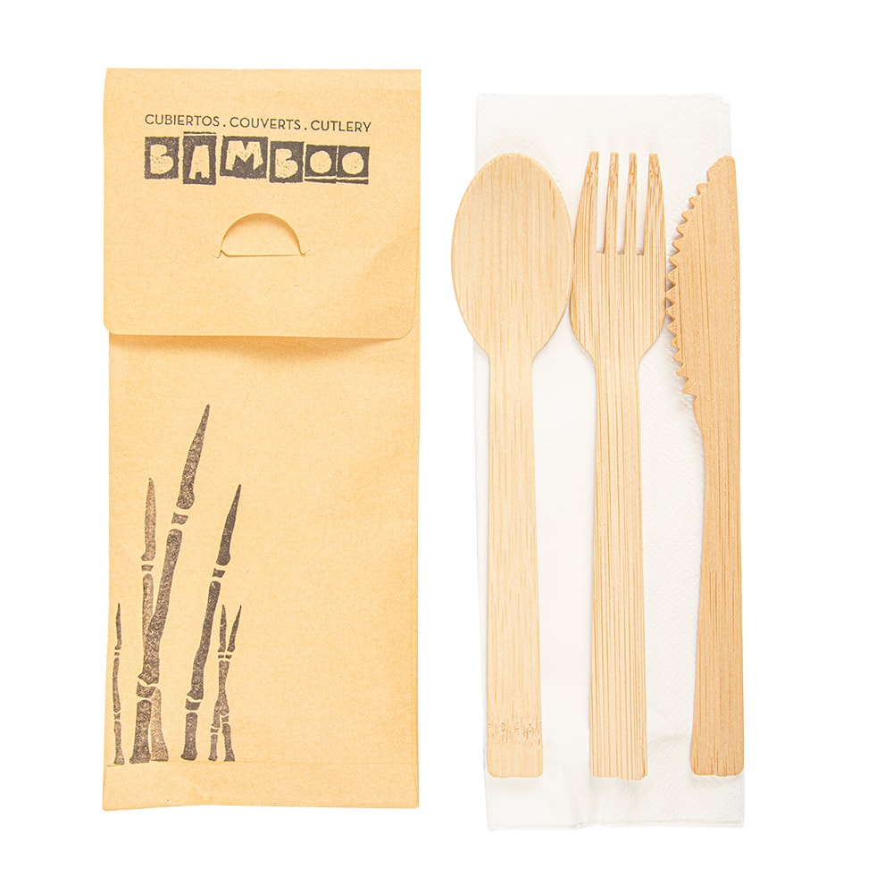 Set Tenedor, Cuchillo, Cuchara + Servilleta  20 Cm Natural Bambú (50 unidades)