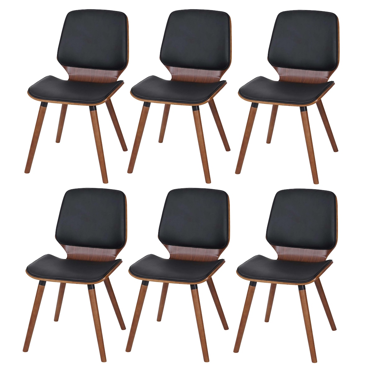Set van 6 eetkamerstoelen HWC-B16, hout gebogen hout retro design walnoot look ~ kunstleer zwart