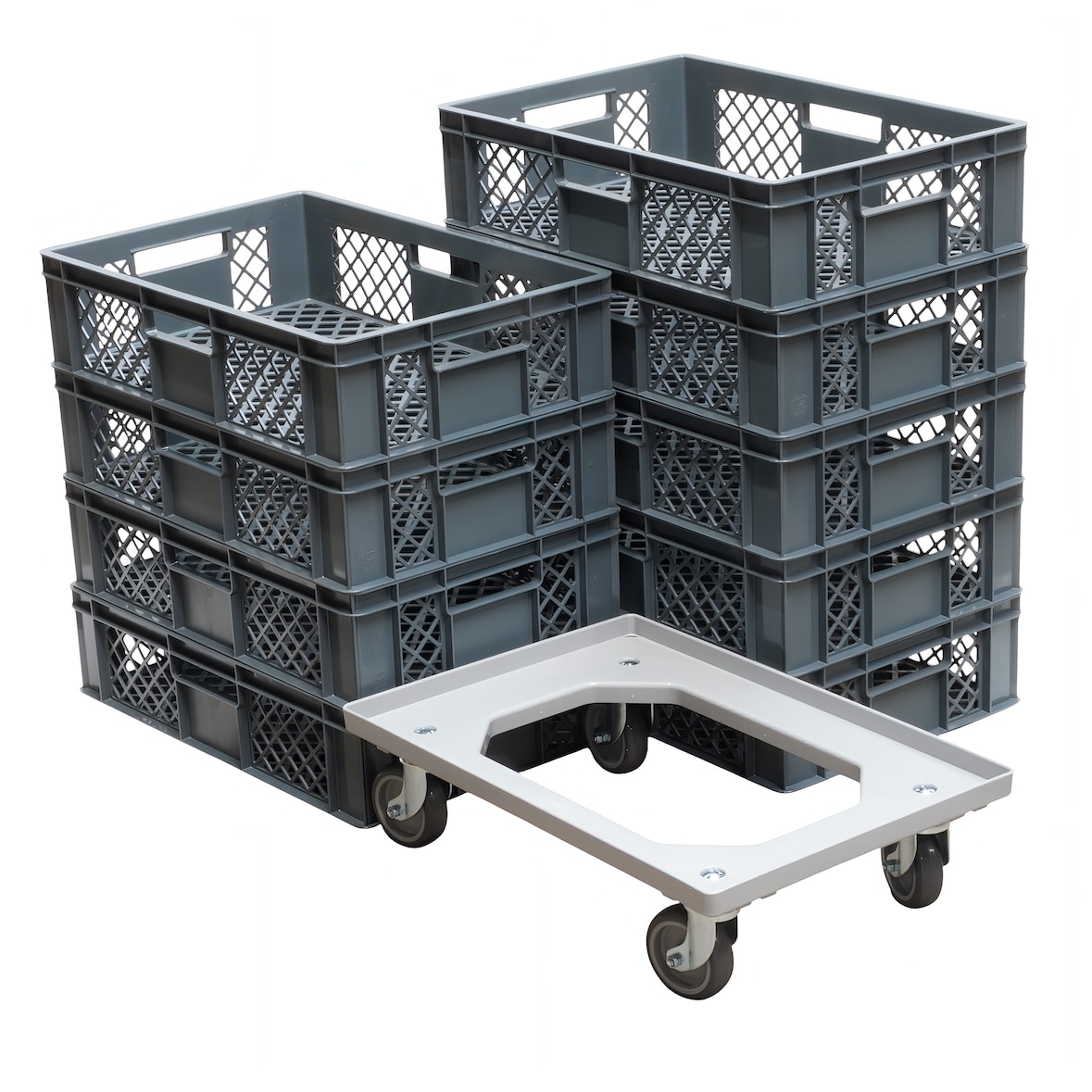 9 Stück Bäckerkisten 600 x 400 x 150 mm + 1 Transportroller Typ C in Grau