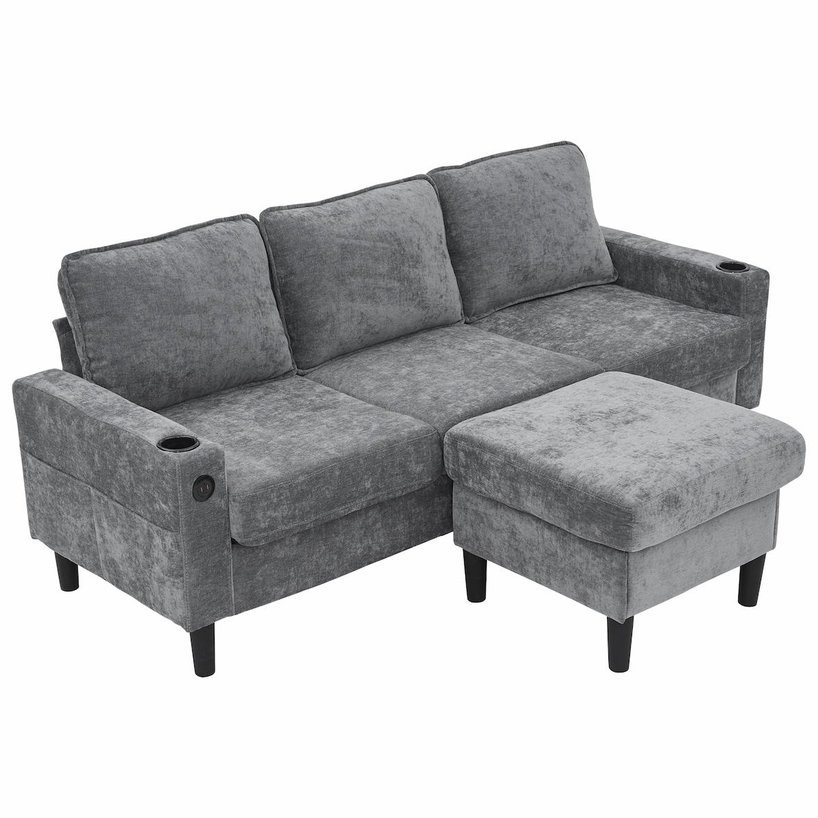 L-förmiges Ecksofa 202x137x80 cm mit Fußhocker, Getränkehaltern, USB, Stauraum, Holz- & Eisenrahmen, Leinenstoff, modern, komfortabel, Grau