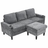 thumbnail of L-förmiges Ecksofa 202x137x80 cm mit Fußhocker, Getränkehaltern, USB, Stauraum, Holz- & Eisenrahmen, Leinenstoff, modern, komfortabel, Grau