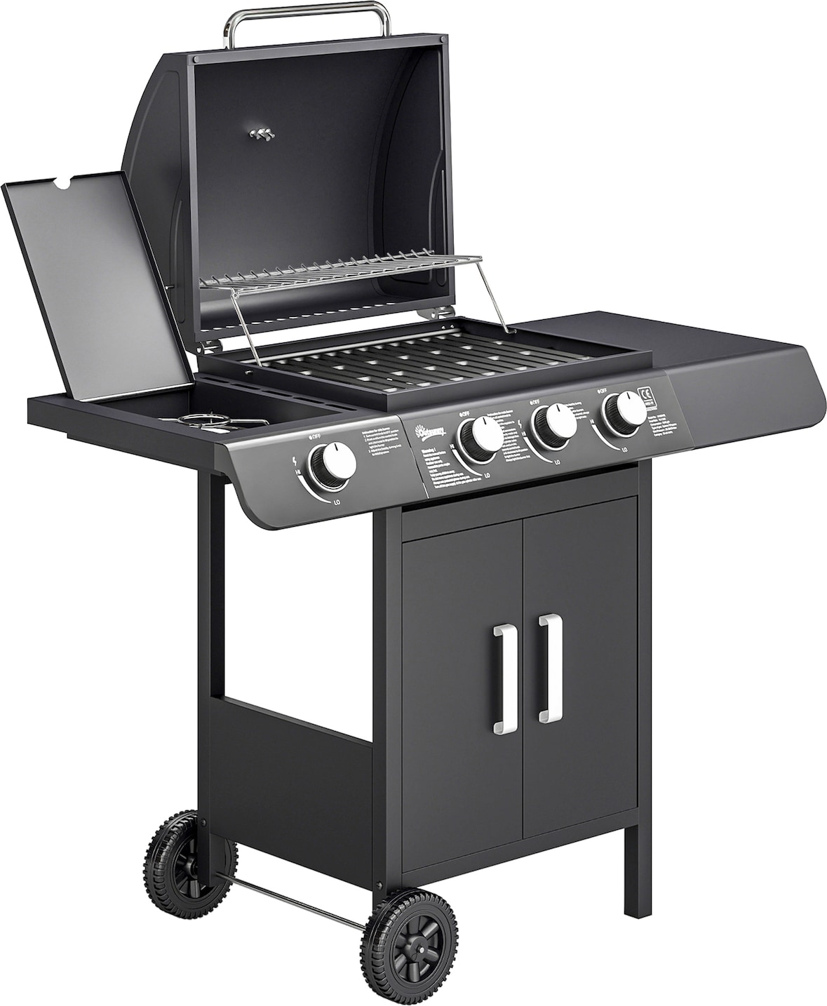 Barbacoa de Gas BBQ con Ruedas Parrilla 3+1 Quemadores 11,6 KW 2 Mesas Laterales Armario de 2 Puertas y Termómetro Acero Inoxidable 110x50x100 cm