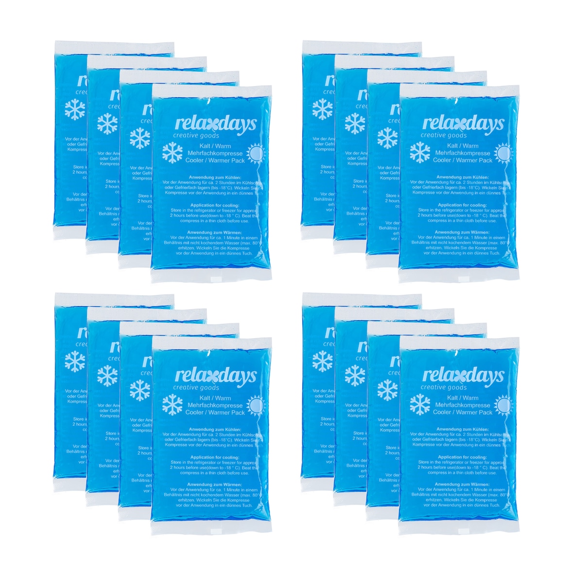 Relaxdays Kühlpads, 16er Set, Kalt-Warm-Kompressen, 9 x 15 cm, Kühlpacks Gel, wiederverwendbare Gelkühlkompressen, blau