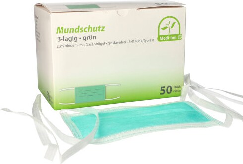 500 Stück Mundschutz 3-lagig, Type IIR, mit Nasenbügel, zum Binden, grün