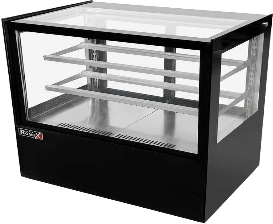 Romux® Kühlvitrine für Konditorei Quadratisch Tischgerät 2 Böden Schwarz 470 Liter Umluftkühlung | Kühlvitrine Gerade Glasscheiben