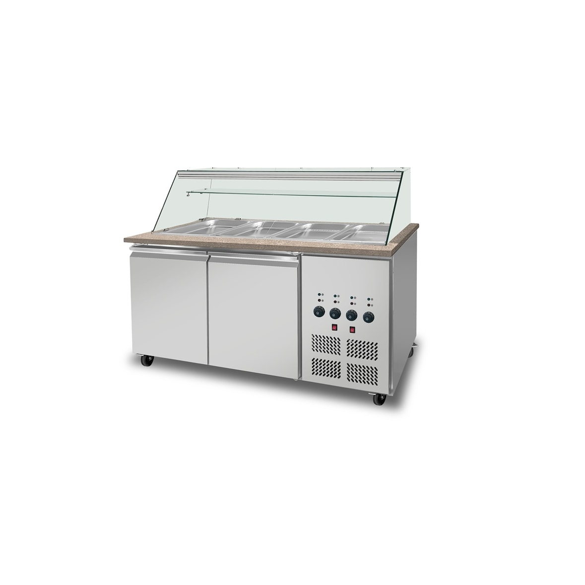 Skyrainbow SNACK-Line bain-marie toonbank 4x GN1/1, graniet roze-grijs, 153x82x85,5 Glazen bovenbouw helder glas met klembord, H=496mm