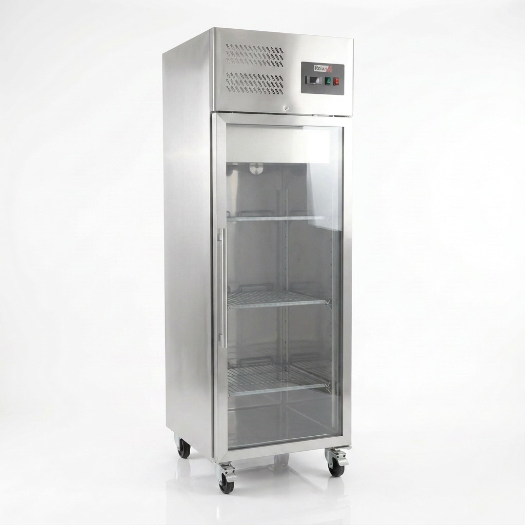 Romux® Kühlschrank mit 1 Türen Glastüren 68 cm mit Umluftkühlung | Gastro Kühlschrank aus Edelstahl mit 600 L Kapazität - 3 Einlegeböden und 270 W