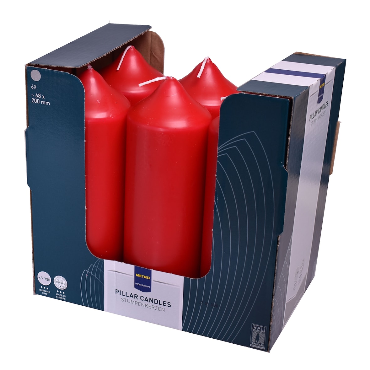 METRO Professional Candela a colonna, 100% paraffina, Ø 68 x 200 mm, durata: 75h (circa), rossa, 6 pezzi