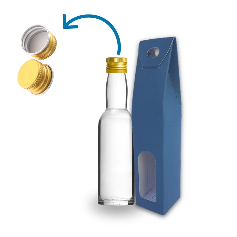 20 Mini-Glasflaschen 40ml mit Blauen Boxen, Ideal für Hochzeitsgeschenke, Liköre, Saucen