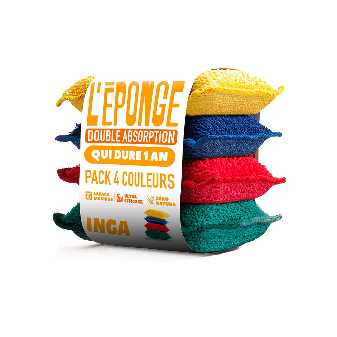 Pack 4 éponges absorbantes lavables de 4 couleurs