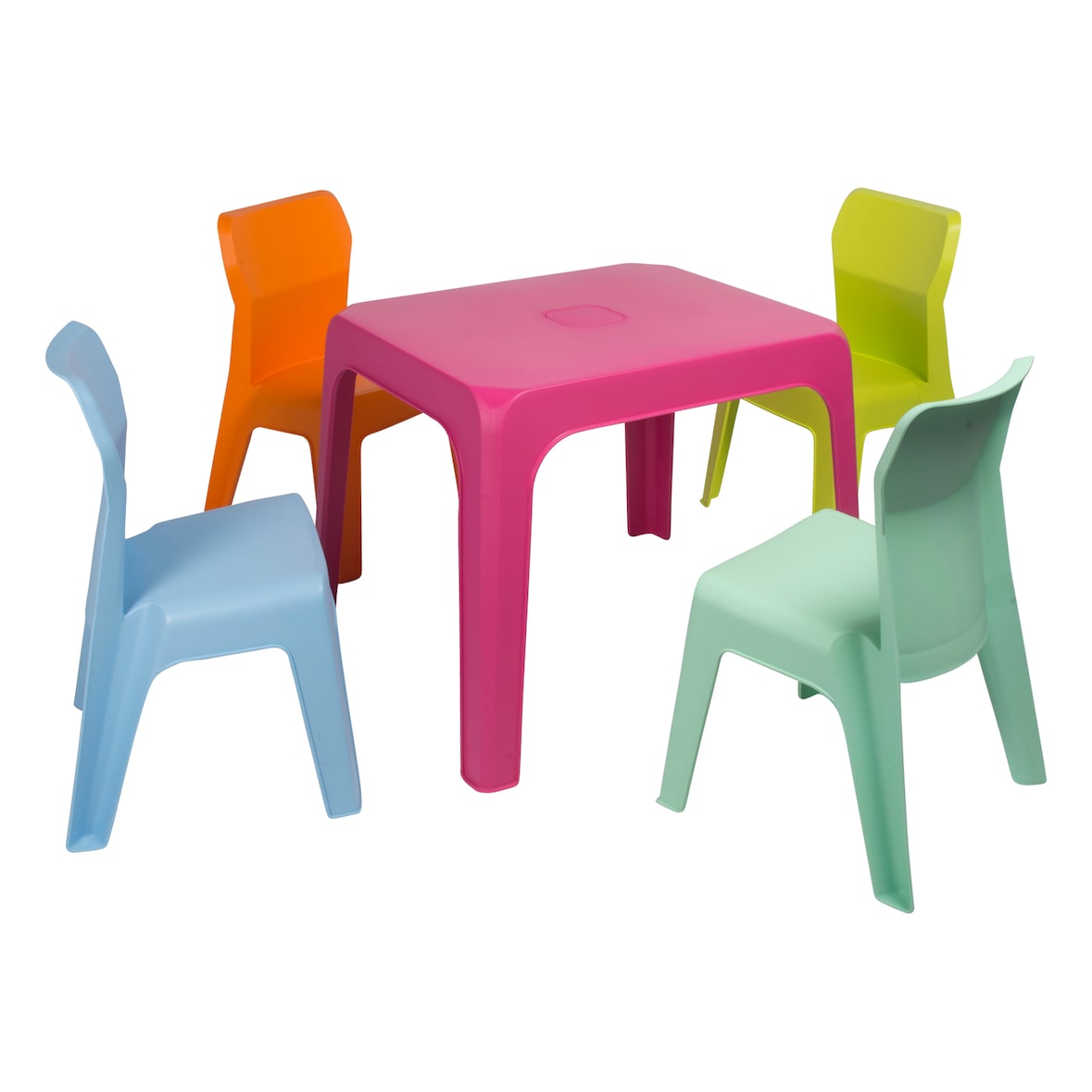 garbar JAN Kinderstuhl-Tisch Indoor, Outdoor Set 4+1 Himmelblau/Fuchsia/Orange/Limettengrün/Aquaminze