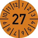 thumbnail of Dreifke® Prüfplakette Jahr 27 mit Monaten, orange, Folie, Ø 10 mm, 10 St./Bo.