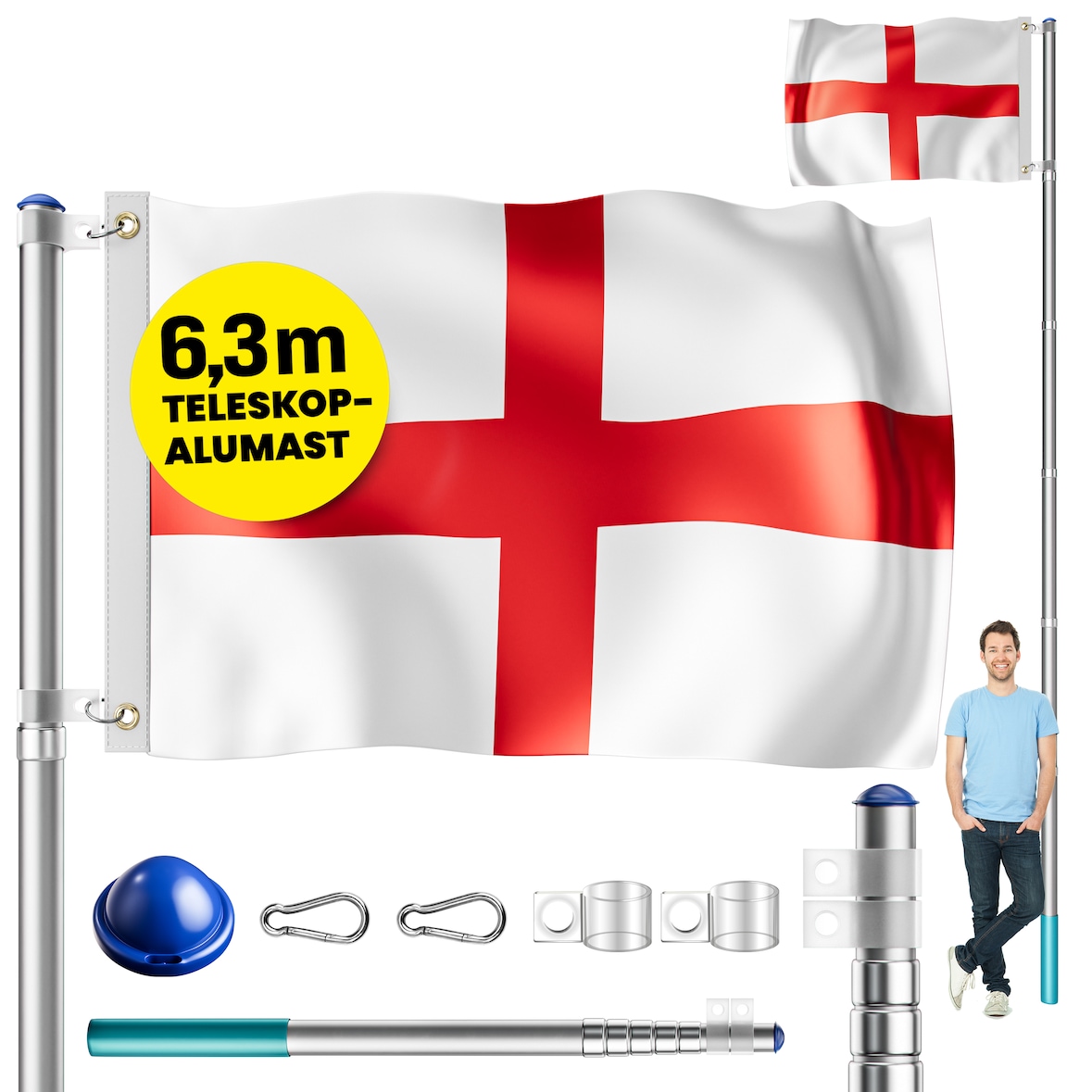 MONZANA® Fahnenmast Aluminium Teleskop 630cm Bodenhülse 60cm inkl. Flagge Flaggenmast Mast Flagge Alu